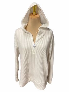 Jones New York Cream Ribbed Zip Front Hoodie Small Lightweight Knit Layer